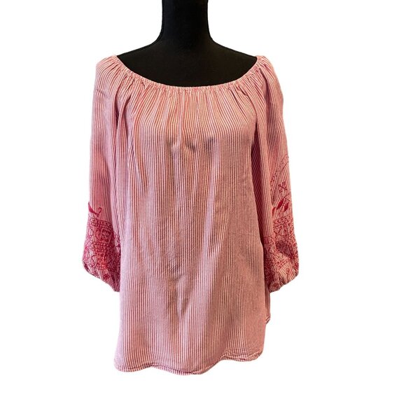 Ladies Medium embroidered striped tunic top boho festival cottage core - Picture 1 of 6